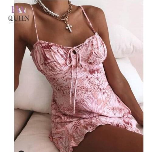 EvaQueen Ruffle Print Mini Dress Women Drawstring Tie Bow Spaghetti Strap Slim Sexy Dress Summer Backless Party Beach Vestidos