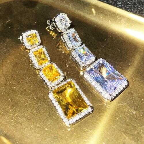 Luxury Square Drop Earrings With Creative Yellow White Crystal Zircon Unusual S925 Fine Piercing Jewelry For Women Wedding Party