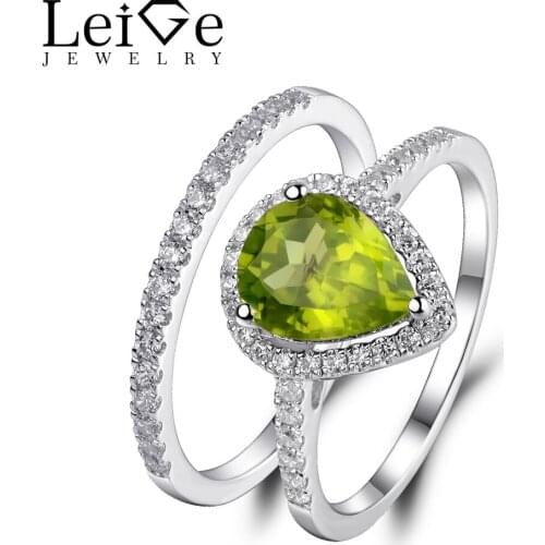 Leige Jewelry Green Peridot Ring Set Natural Gemstone Pear Cut 925 Silver Wedding Promise Rings for Women Anniversary Gift