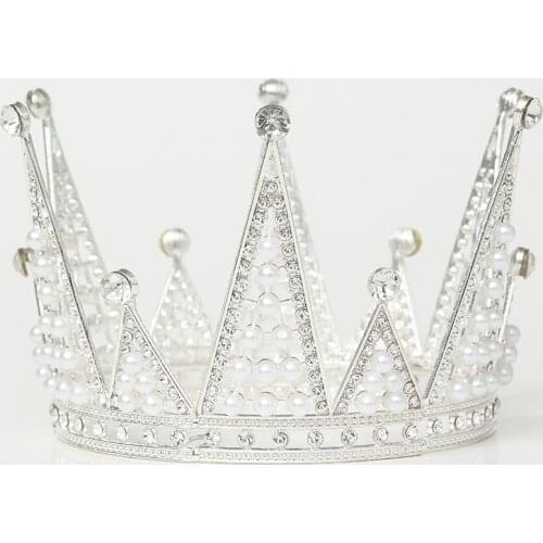 Vintage Baroque Crystal Pearl Round Queen Crown Wedding Tiara Bridal Diadem Gold Color Wedding Party Cake Topper Decor