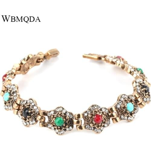 Wbmqda Fashion Boho Bracelet For Women Antique Gold Crystal Flower Link Bracelet Vintage Jewelry 2020 New Drop Shipping