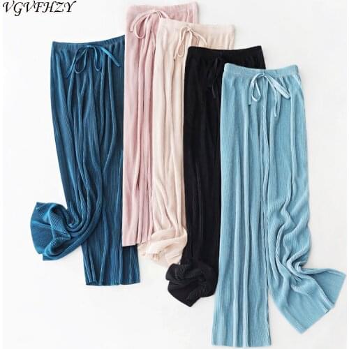 Ice silk Pants Women New Fashion Korean Solid Lace Up Stretch Waist Trousers Casual Loose Wide Leg Pants Femme