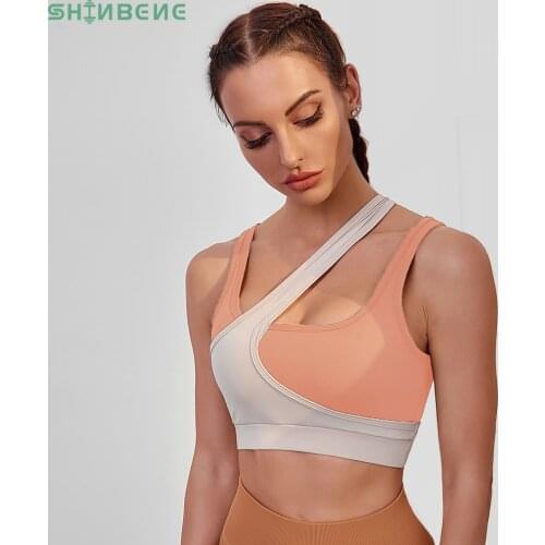 SHINBENE Asymmetrical Neckline Wireless Fitness Sports Bra Top Women Mid Support Padded Workout Yoga Gym Everyday Bras Brassiere