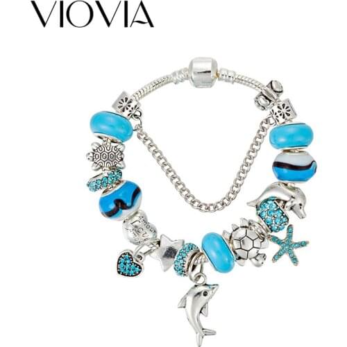 VIOVIA Sea Style Dolphin Charm Bracelet for Women Blue Murano Glass Beads Turtles Bracelets & Bangles DIY Jewelry Gifts B17010