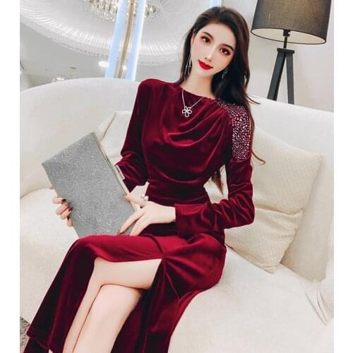 Women 2021 Spring Autumn Beading Velvet Dress Festa Female Elegant Event Party Dresses Ladies Long Sleeve Midi Vestidos Z279