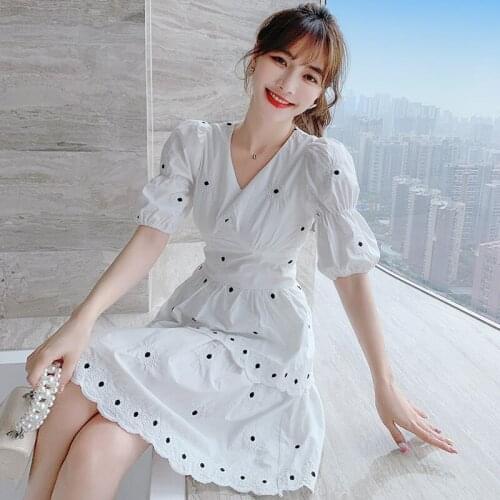 2021 Elegant Fashion White Embroidery Mini Dress Vintage V-Neck Puff Sleeve High Waist Slim Temperament Dresses Female Vestidos