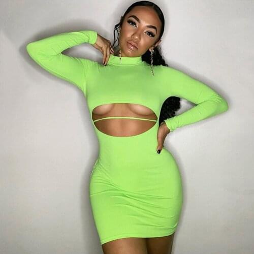 2019 Turtleneck Solid Hollow Out Sexy Bodycon Dress Women Long Sleeve Autumn Winter Dress Cropped Nightclub Dress Vestidos