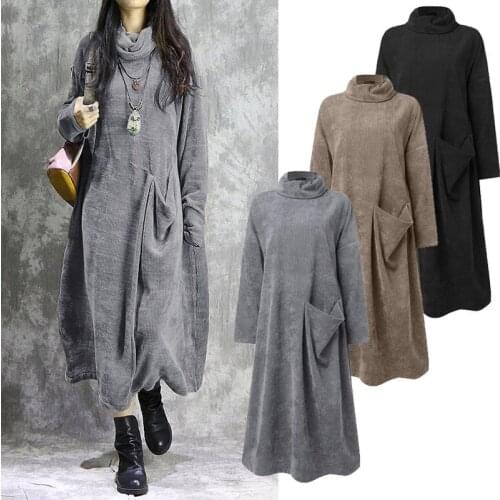 ZANZEA Women Turtleneck Long Sleeve Solid Long Dresses Autumn Vintage Corduroy Dress Baggy Vestido Plus Size Kaftan Sundress