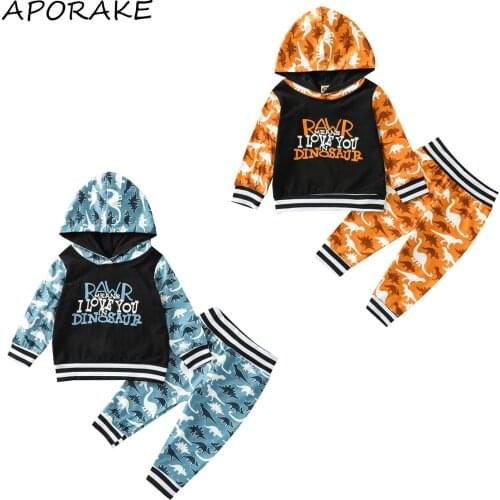 2021 0-24M Newborn Baby Boy Clothing Color Block Outfits Dinosaur Letter Print Long Sleeve Hooded Pullover+Trousers Autumn 2pcs