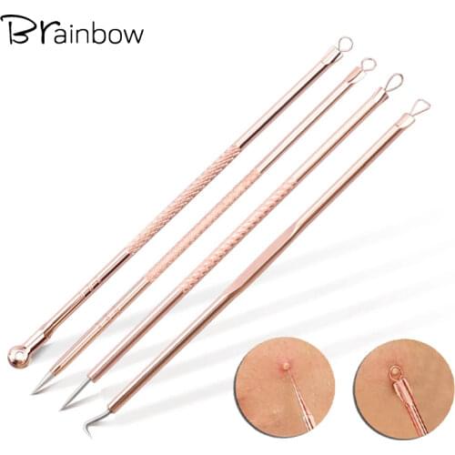 Brainbow 4pcs/Box Acne Removal Needle Blackhead Remover Tweezer Rose Gold Stainess Steel Pimple Extractor Face Skin Care Tools