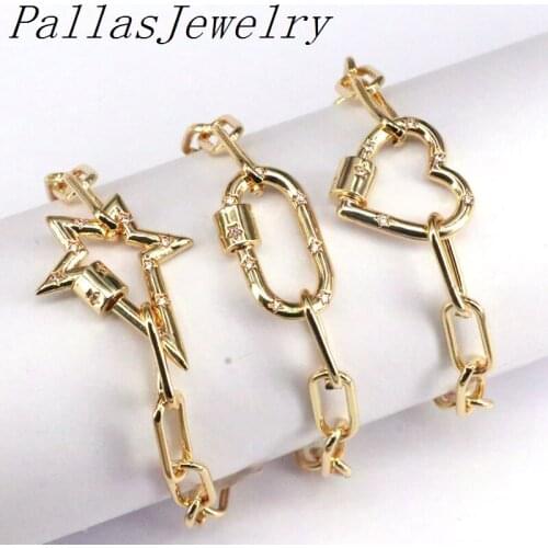 5Pcs Fashion Cz screw clasp charm bracelet, heart / star/ oval shape cz charm link chain adjustable bracelet