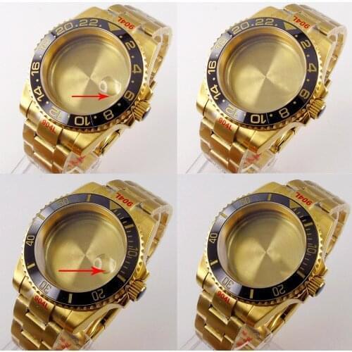 40MM Gold Plated SUB Watch Case Sapphire Glass Solid Back For MIYOTA 8215 ETA 2836 NH35A NH36A Movement Unidirectional Bezel