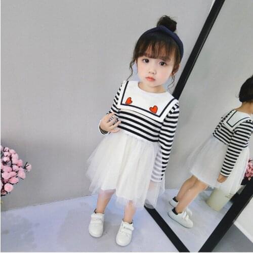 Trade children skirts spring summer new products striped long-sleeved net yarn princess dress girls lapel college dress