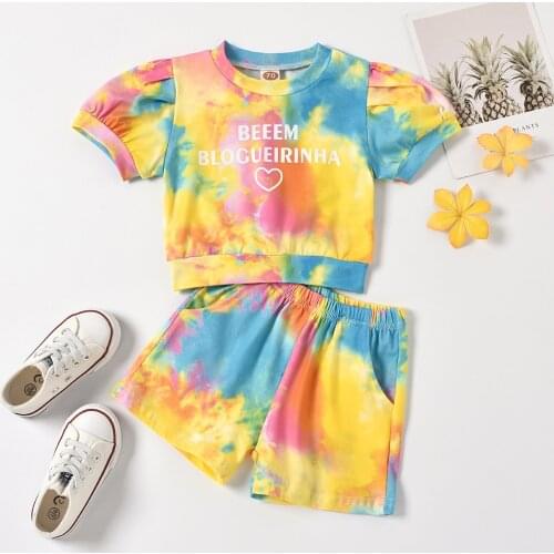 FOCUSNORM 0-24M Summer Lovely Baby Girls Clothes Sets Tie-Dye Printed Letter Short Sleeve T Shirts Tops Shorts