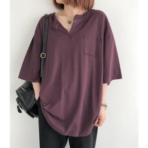 Pure Cotton Bottoming Shirt Solid Color Short-Sleeved T-Shirt Women Summer New Loose Large Size Mid-Length V-Neck Top