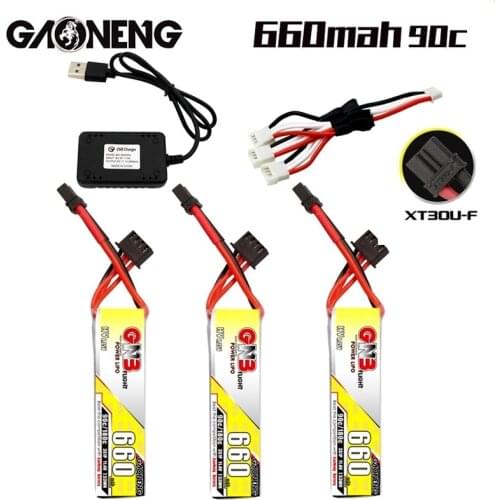 Gaoneng GNB 11.4V 660mAh 3S HV Lipo Battery 90C/180C With XT30U-F Plug for FPV Racing Drone 4 Axis UAV RC Drone and Charger