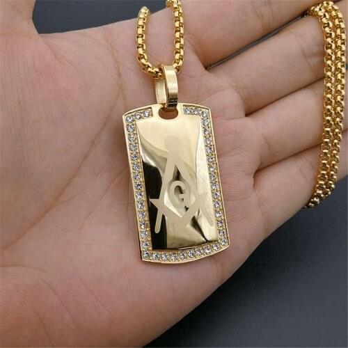 Mens Masonic Dog Tag Pendant Necklace with CZ Men Jewelry Stainless Steel Freemason Gold Tone Hip Hop Accessories