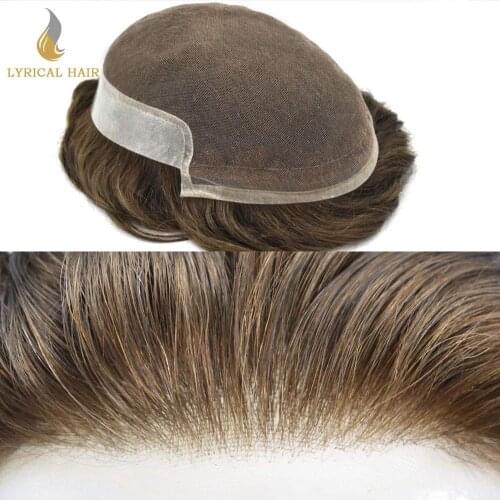 French Lace Front Mens Toupee Poly Skin PU Hairpiece Bleached Knots Natural Hair Replacement Systems Wigs for Men