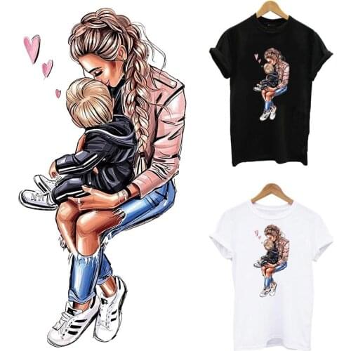 Cute Mom And Boy Patches On Clothes Super Mom Thermal Sticker Vinyl Boy T-Shirt Hoodies Iron On Patch Decoration Applique