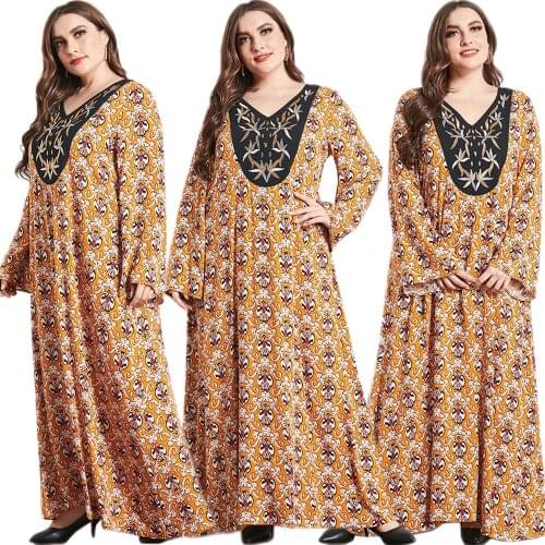 Bohemian Women Print Long Dress Loose Casual V-neck Spring Abaya Arab Islam Clothing Kaftan Middle East Dubai Ramadan Plus Size