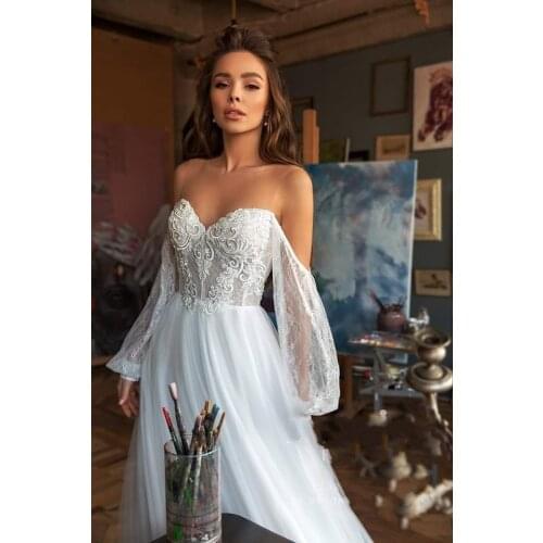 Vestidos De Novia Hot New Elegant Boho Lace Wedding Dresses Beach Long Sleeve Wedding Gowns Simple Mariage Bride Dresses