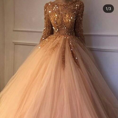 Champagne prom dresses 2020 crew neckline long sleeve beaded sequins ball gown tulle floor length evening dresses gowns