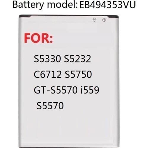 Replacement Battery EB494353VU For Samsung S5330 S5232 C6712 S5750 GT-S5570 i559 S5570 Genuine Battery 1200mAh