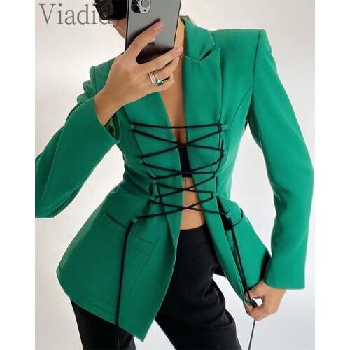 Women Solid Color Lace Up Pocket Design Long Sleeve Slim Blazer Coat
