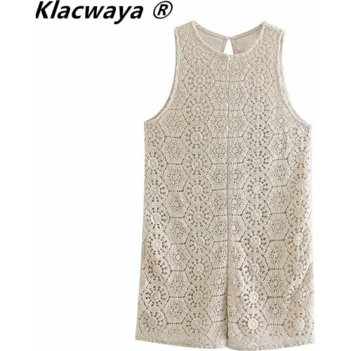 Klacwaya Za Woman 2021 Beige Knitted Female Jumpsuit Crochet Sleeveless Jumpsuit Woman Short Cut Out Elegant Summer Jumpsuit