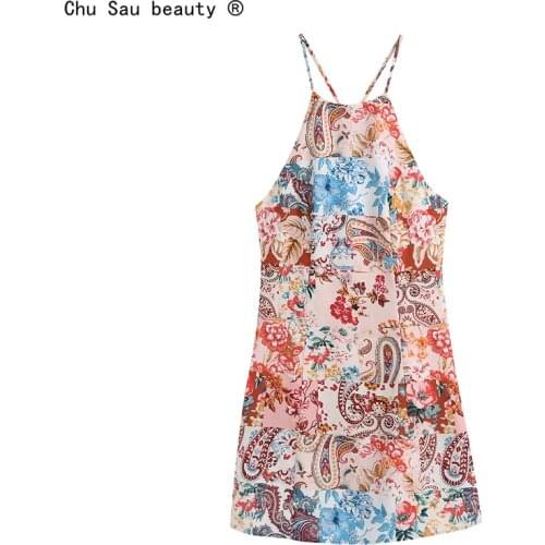 2021 Summer New Vintage Sleeveless Patchwork Printed Sling Dress Wrapped Chest Floral Mid-length Dress Women Vestido