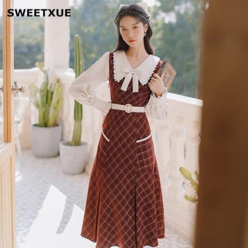 SWEETXUE Hot Sale 2021 Women Spring Fall Long Sleeve Bow Preppy Style Lattice Dress Female