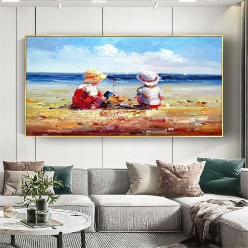 100% hand painted European style oil painting kids on beach canvas wall picture beach view wall pictures for living roomWall art