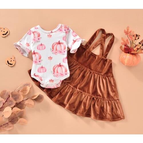 Newborn 2Pcs Baby Girls Summer Outfit Pumpkin Floral Printing Flare Short Sleeve Romper + Suspender A-line Skirt Infant Set