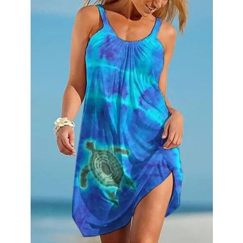 2021 Summer Sea Turtle Animal Cartoon Tortoise 3D Print Beach Dress Fashion Women Suspender Skirt Sexy Girls Female Boho Dresses