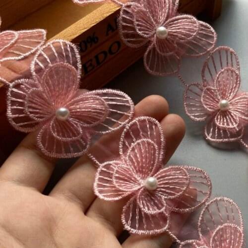 20X Pink Butterfly Bowknot Pearl Flower Embroidered Lace Trim Fabric Lace Ribbon Handmade Sewing Craft For Costume Decoration
