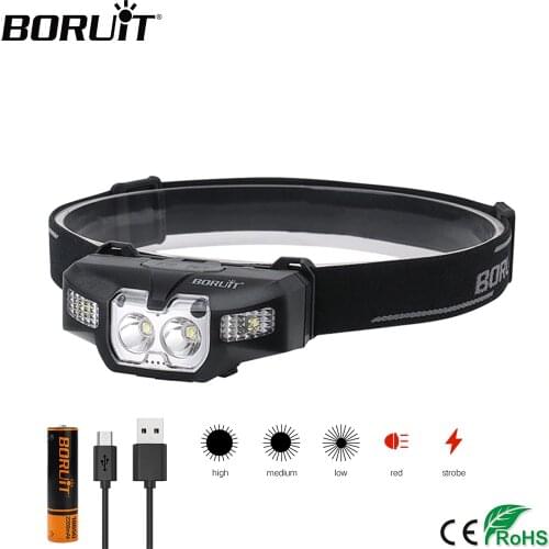 BORUiT B30 2*XP-G2+2*3030 Red LED Mini Headlamp IR Motion Sensor 5-Mode Headlight Rechargeable Waterproof Head Torch for Hunting