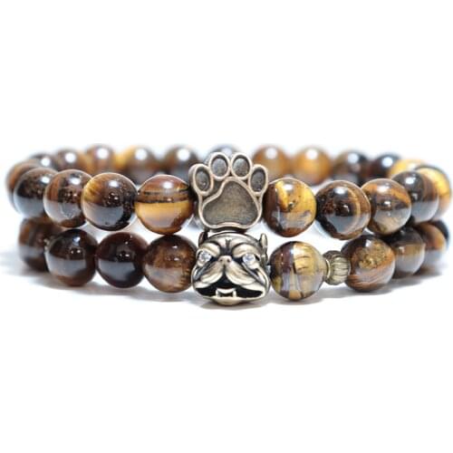 Noter French Bulldog Bracelets For Men Women Vintage Dog Paw Strand Braslet Punk Paired Braclet Natural Lava Tiger eye Brazalete