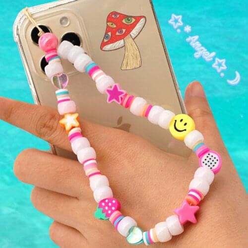 90s Aesthetic Pink Bead Star Smile Phone Chain Egirl Harajuku Vintage Strawberry Heart keychain Charms Y2K Fashion Friends Gifts