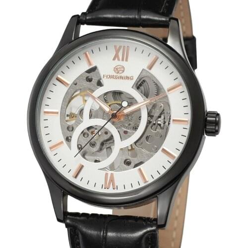 Forsining Top Brand Relojes Mechanical Movement Skeleton With Black Genuine Leather Clock Men Business Mechanical Wrist Watches