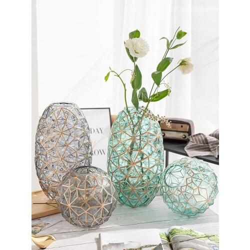 European Glass Vase Diamond Embossed Painted Gold Art Vases Living Room Flower Arrangement Hydroponic Container Home Decoration