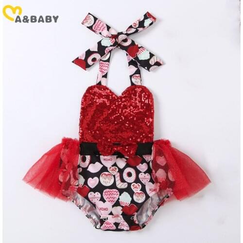 Ma&Baby 3-24M Valentines Day Baby Girl Outfits Heart Print Toddler Infant Newborn Girl Romper Sequins Tulle Bow Jumpsuit Summer