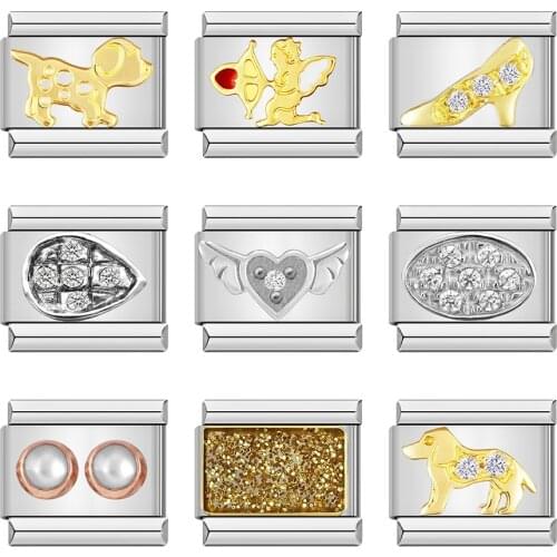 Hapiship 2021 Fashion Dog Angle Wing Love Dazzling CZ Italian Charm Fit 9mm Bracelet Stainless Steel Jewelry Making DJ223