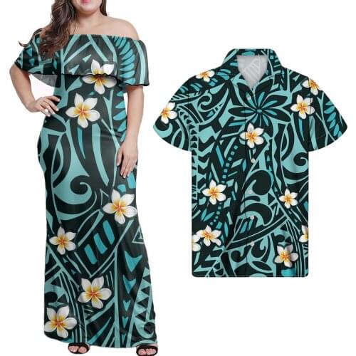 Hycool Fashion 5xl Plus Size Summer Puletasi Couple Clothing Long Sexy Half Shoulder Floral Dresses & Men Shirt Casual Gowns Set