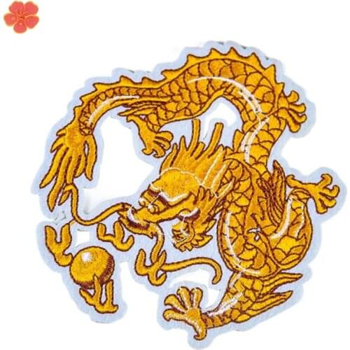 Chinese Gold Dragons Embroidered Patches Sew Iron On Badges For Dress Bag Jeans Hat T Shirt DIY Appliques Craft Decor