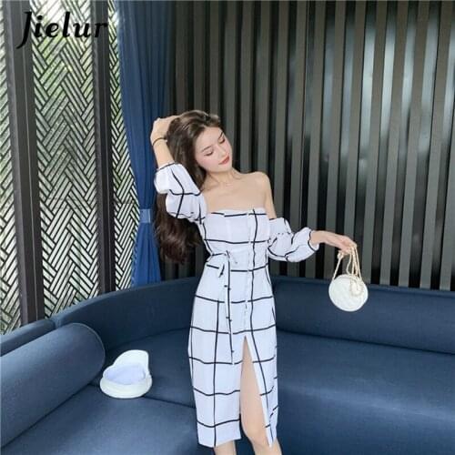 Jielur White Plaid Summer Dress Slash Neck Sexy Dresses Chic Button Split Slim New Robe Femme Women Dress High Waist S-L