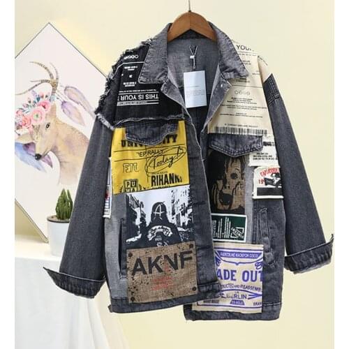 Fashion Patch Designs Print Denim Jacket Women Loose Short Long sleeve Print Splice Jeans Jacket Coat Streetwear Female Outwear