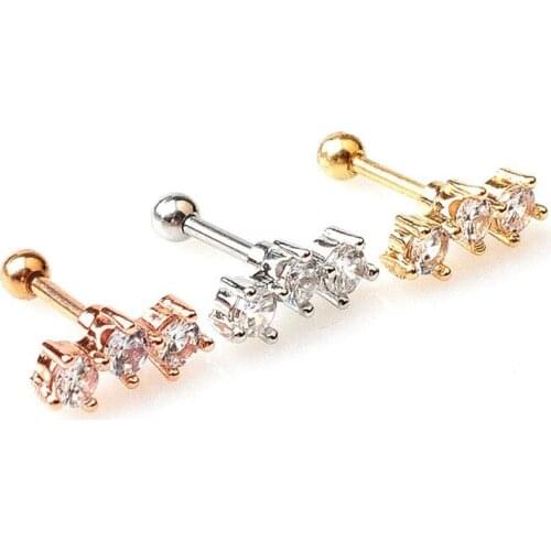 Fashion Stainless Steel Trinity Bar Earrings Tragus Helix Cartilage Screw On Ear Earring Crystal