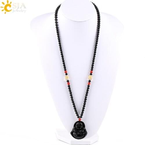 CSJA Natural Black Obsidian Men 108 Mala Necklaces Pendant Raw Stone Carving Elephant Dragon Buddha Cross Amulet Jewellery E624