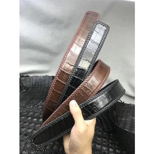 Authentic Exotic Crocodile Belly Skin Woven Border Mens Waist Belt without Buckle Genuine Alligator Leather Male Brown Strap