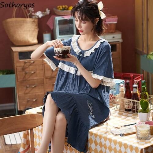 Nightgowns Women Kawaii Ruffles Knee-length Loose Cozy Cotton Chest Pad Plus Size M-4XL Sleepshirts Female Summer Korean Fashion